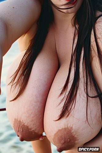 half view, front view, naked boobs, beach, smiling, long brunette hair