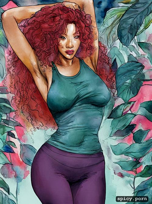 jungle, fit body, red hair, gorgeous face, yoga pants, curly hair