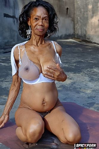 big nose, deflated wrinkled breasts, flashing her open hairy black pussy