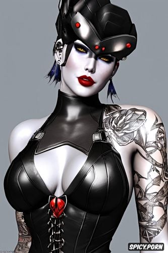 tattoos masterpiece, k shot on canon dslr, ultra detailed, widowmaker overwatch beautiful face milf sexy low cut leather mistress outfit