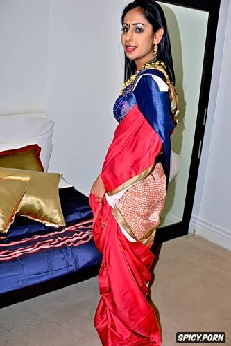 superstar traditional suburban female gujarati beauty, fully dressed in a long saree blouse and petticoat