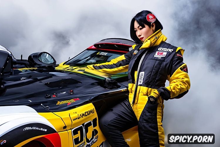 korean race car driver, small breasts, tough, firewoman, smokey fog