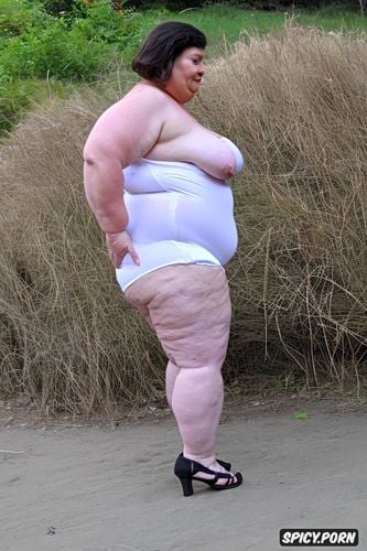 an old fat woman naked with obese ssbbw belly, side view, wearing white see through coton loose long shorts