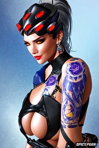 tattoos masterpiece, k shot on canon dslr, ultra detailed, widowmaker overwatch beautiful face milf sexy low cut leather mistress outfit