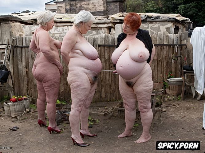 massive belly, naked obese grannies, photo, cellulite, red short hair