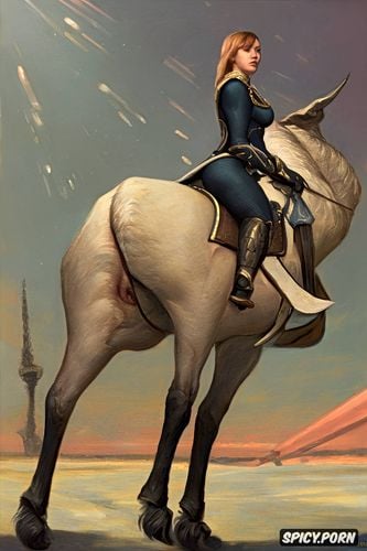 low angle shot, caballus, space age, sabre rider, pyotr krivonogov oil painting