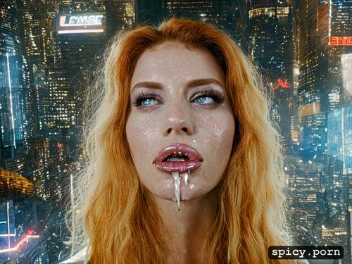 19 year old ginger woman with a man s large dick in her mouth and cum on her lips and nipples cyberpunk background forced sex facial expression full body