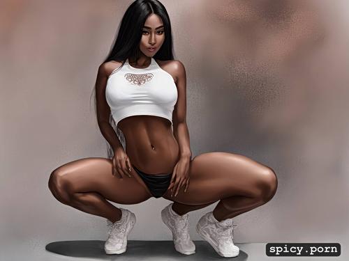 white crop top, detailed face, very shy, squatting, intricate long hair