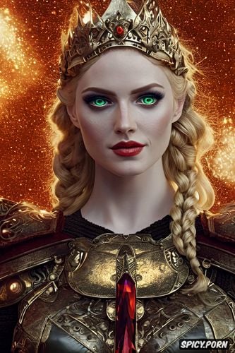 confident smirk, fantasy princess, wearing red scale armor, soft green eyes