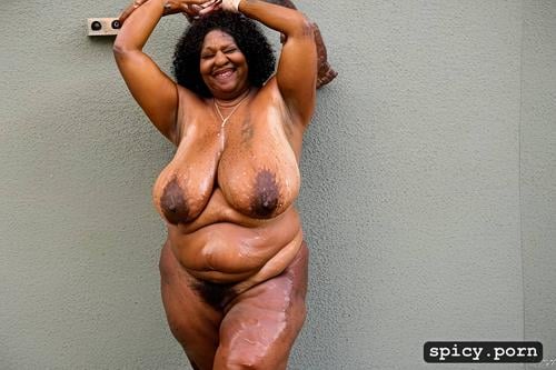 color, hairy spread pussy, wrinkly smiling face, flat hanging saggy breast