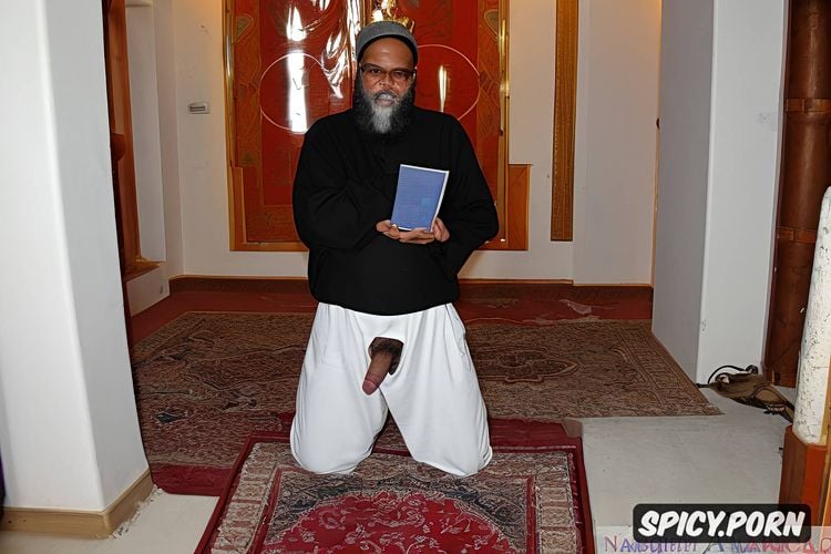 bald, imam, nude, mosque, granny muslim holds his penis, holding a book
