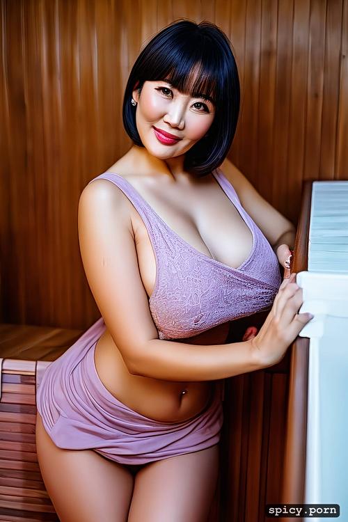 sauna, ahegao face, mini skirt, thick body, medium breasts, brunette hair