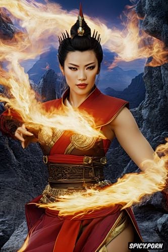 matte, fire nation royal robes, black hair in an intricate updo