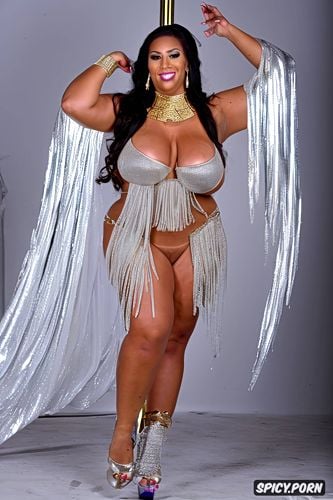 gold jewelry, silver jewelry, full view, massive breasts, color photo