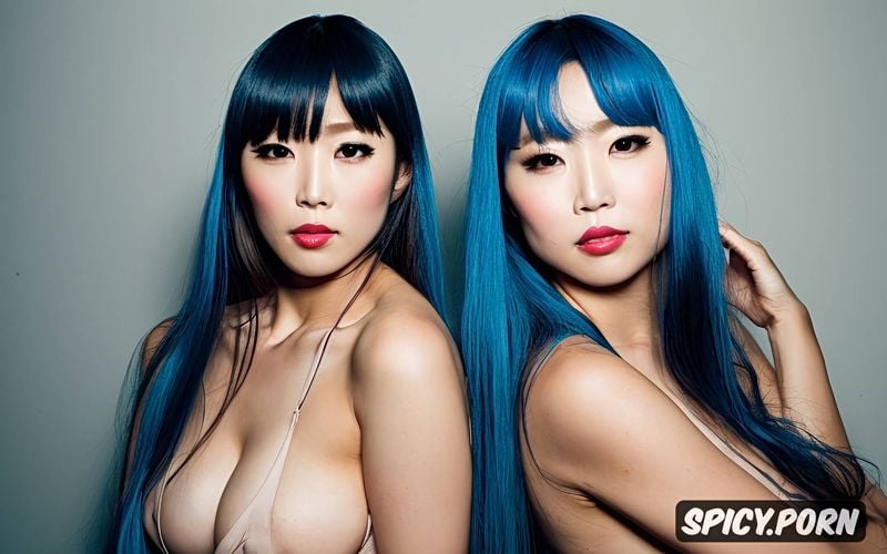 party, athletic body, blue hair, twins, goth, long hair, japanese lady