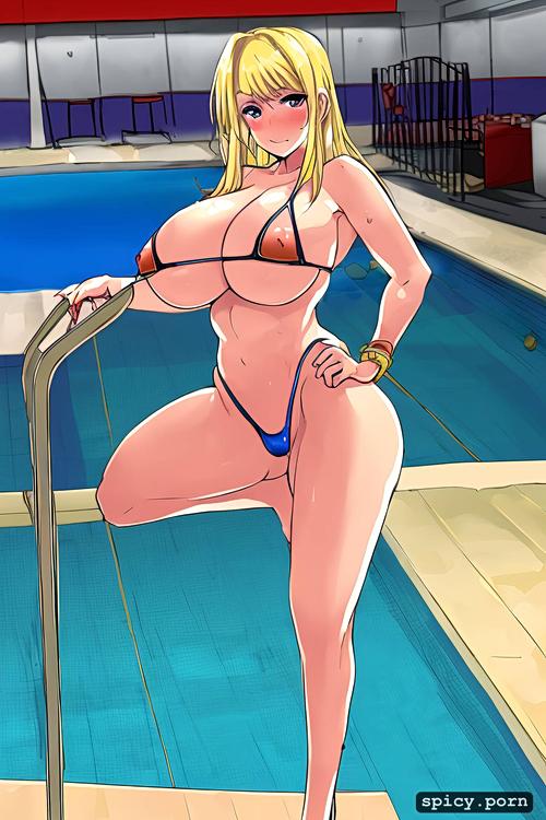 ultradetailed colors, ultradetailed, big cleavage, oiled, body stand below the swimming pool