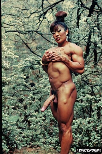 big fake breasts, jewelry, extreme muscular futanari, full body