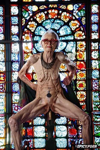bony, pale, spreading legs, very thin, ninety year old, glasses