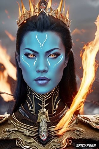 flame crown, throne surrounded by blue fire, asian skin, sharp focus