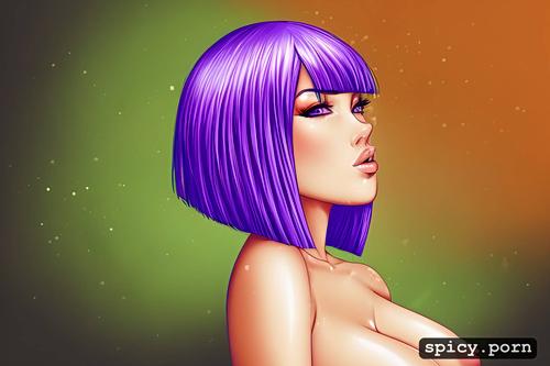 perky boobs, purple hair, portrait, solid colors nude, bobcut hair