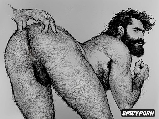 butt and balls visible, full shot, rough sketch, dark hair, rough artistic nude sketch of bearded hairy man turning back to viewer