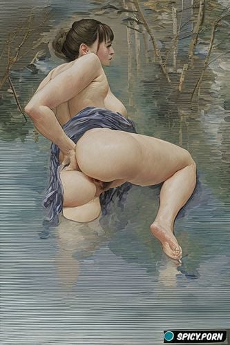 davinci painting, lifting one leg, japanese nude, cute face