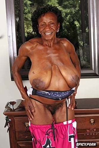 realistic pussy, whore, homeless crackhead ebony granny, wearing a small see through white bra
