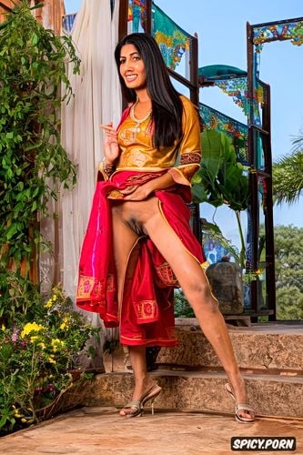 hyper realistic, legs partly open, fully outfitted in traditional gujarati villager clothes