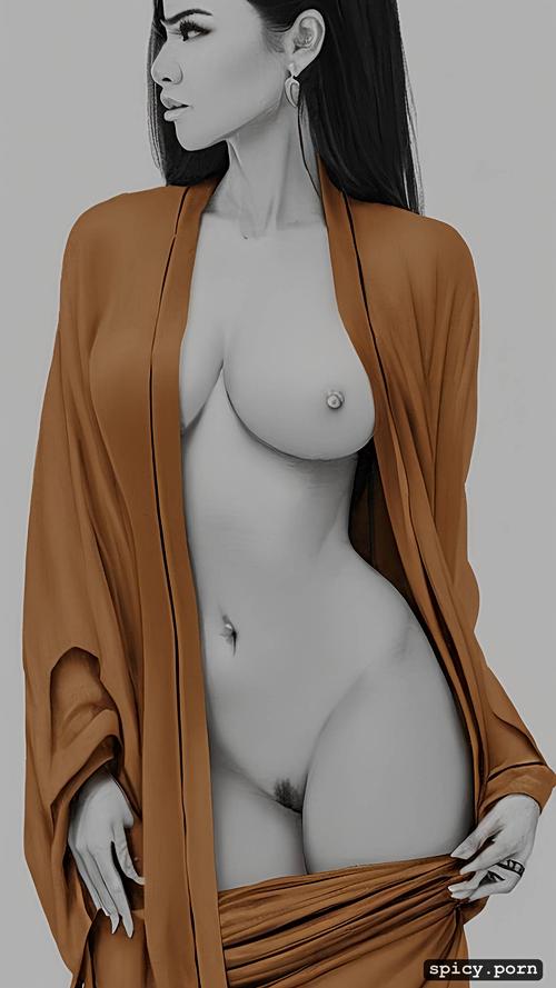 slim, slim nice abs, very detailed face, thai woman, pencil sketch