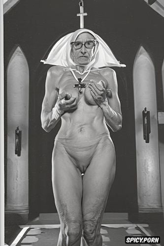 cross necklace, fingers in pussy, ribs showing, nun, glasses