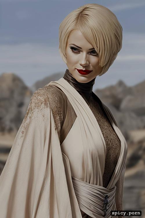 confident smirk, blonde pixie cut, pale skin, sith temple, star wars the old republic