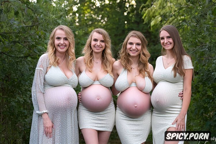 realistic photo, laughing, highres, large pregnant belly, friends