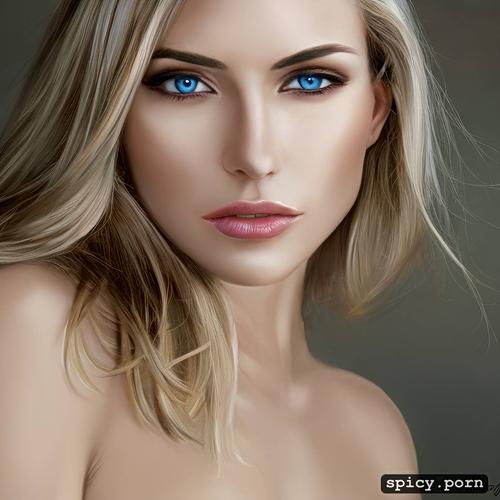 slim, blond long hair, only face, grey blue eyes, seductive white female