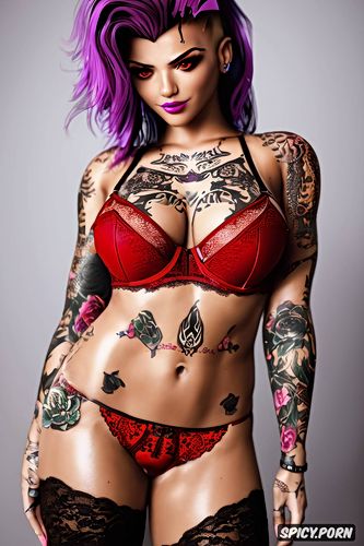 ultra realistic, high resolution, tattoos small perky tits elegant low cut red lace lingerie masterpiece