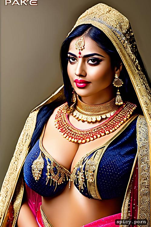 busty, indian bride, black hair, chubby body, gold jewellery