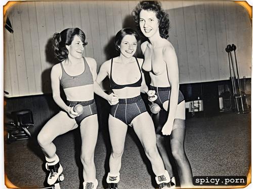 vintage 1970s style color amateur polaroid picture of two friends giggling and riding their roller skates around the gym