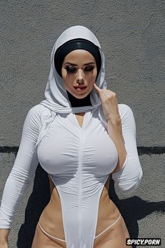 vertical symmetry, two thirds body portrait, oiled, no clothing except hijab and stockings