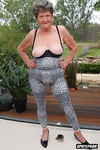 saggy, wearing leggings, old irish granny, background patio