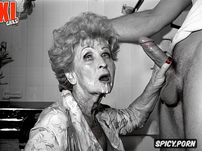 bathroom, sixty granny aka lucille ball, huge white dick, scared model face