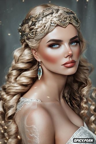 fantasy ancient greek goddess beautiful face rosey skin long soft ashen blonde hair in a braid diadem full body shot