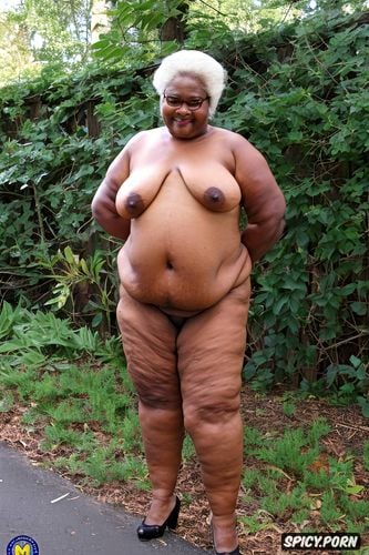 busty, black, heels, standing, granny, elderly, no clothes cellulite ssbbw obese body belly
