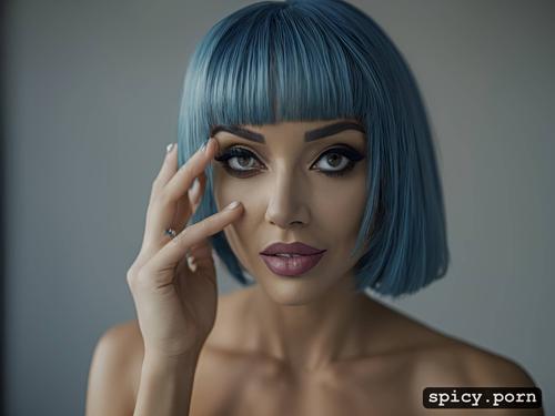 blue hair, makeup, large breasts, comprehensive cinematic, hourglass figure body