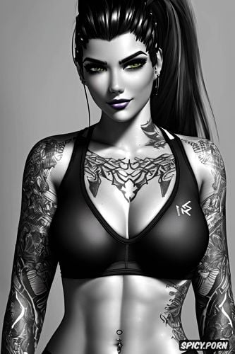 ultra detailed face shot, ultra realistic, widowmaker overwatch beautiful face tight black yoga pants skin tight black sports bra tattoos milf