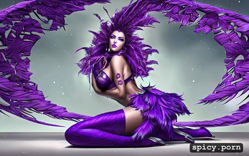 sexy female alien, long legs, purple, tall, feathers, kneeling