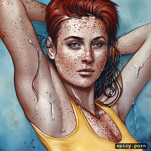 redhead, exhausted face, freckles, sweat stain, tiny, flat chest