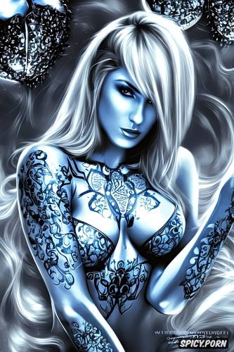 tattoos masterpiece, ultra detailed, samus aran metroid beautiful face young erotic dark blue lingerie