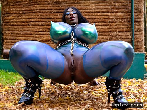 perfect face, oiled ultrahorny muscular nigerian goth woman showing her pussy and ass spreading her legs by holding her knees up wearing oiled leather harness and heavy chains huge enormous boobs