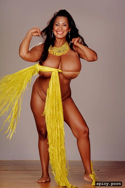 full body view, color portrait, giant hanging boobs, 69 yo beautiful tahitian dancer