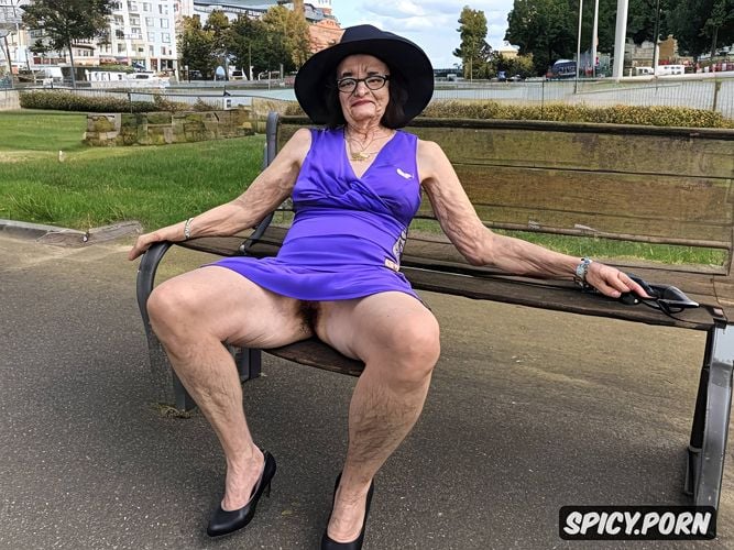 hat, very old ugly grandma, shoes, upskirt, show huge hairy pussy