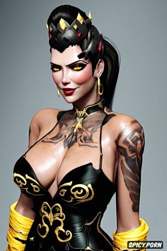 ultra detailed, ultra realistic, high resolution, widowmaker overwatch beautiful face milf tattoos small perky tits flowing low cut black evening gown golden diadem masterpiece